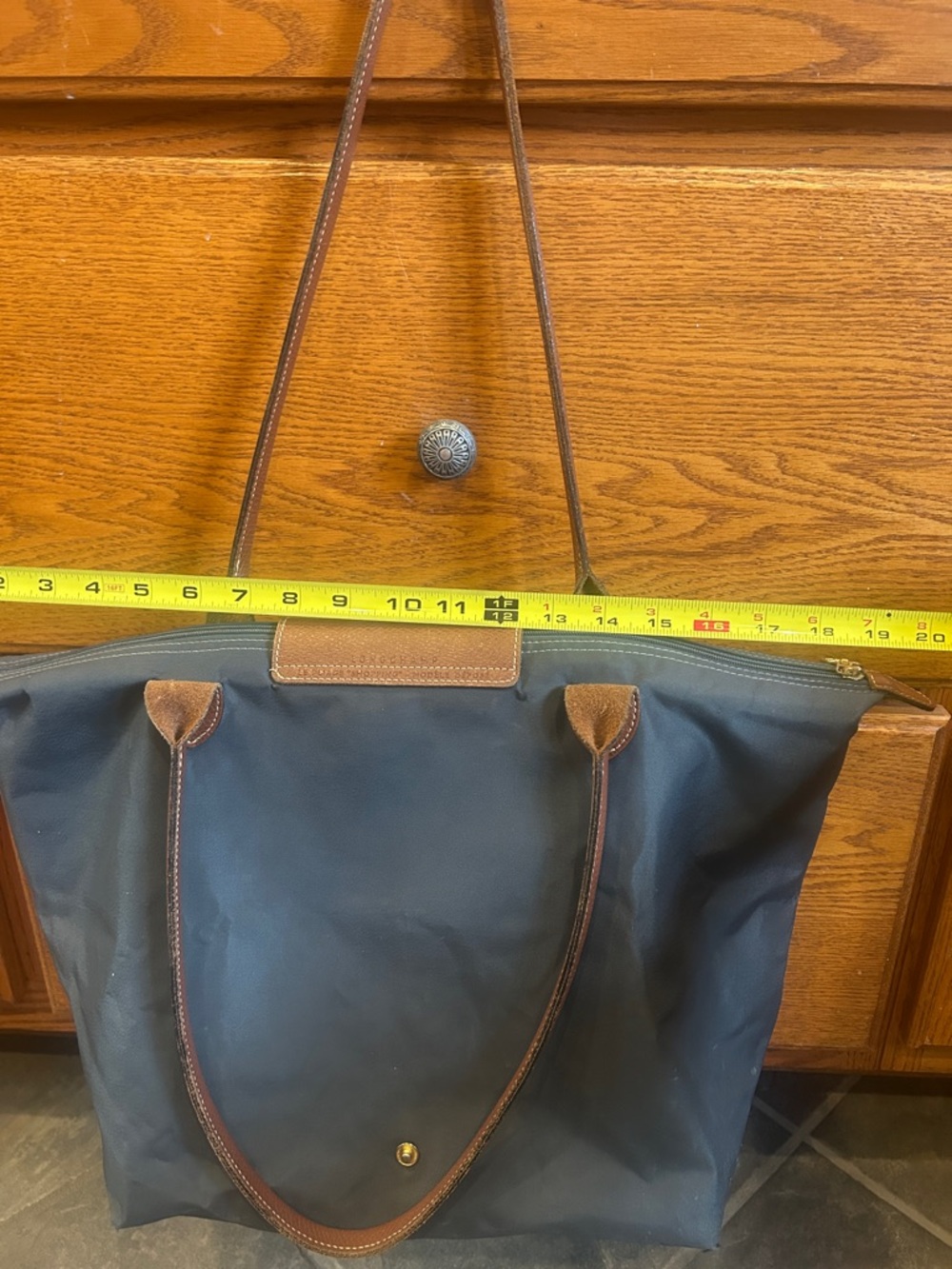Longchamp Le Pliage Navy Tote with Brown Leather Trim - Picture 8 of 13